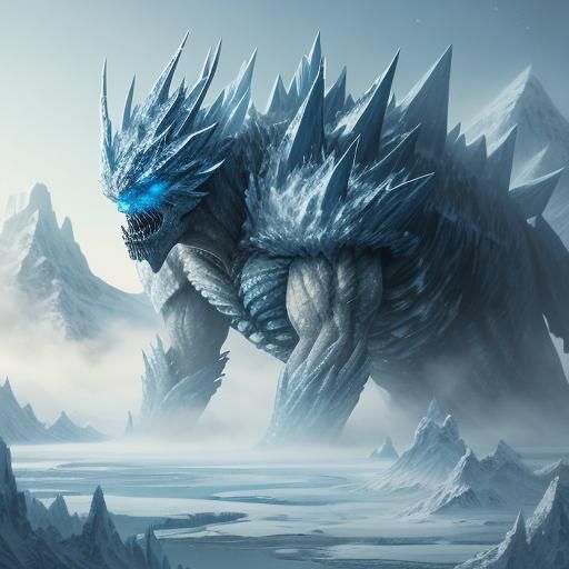 Icy Monster Overlooks Snowy Village: Digital Concept Art