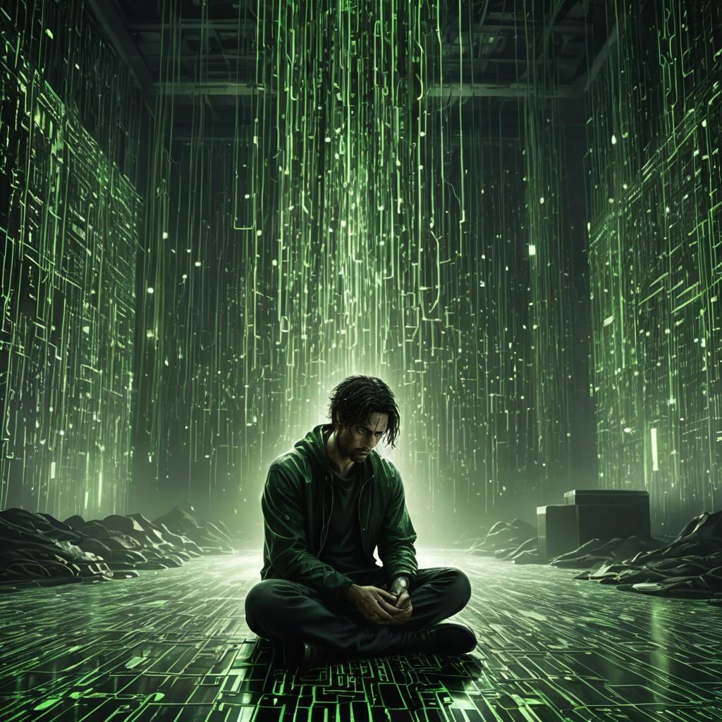 Man Shackled by Matrix Code in Dark Fantasy Style