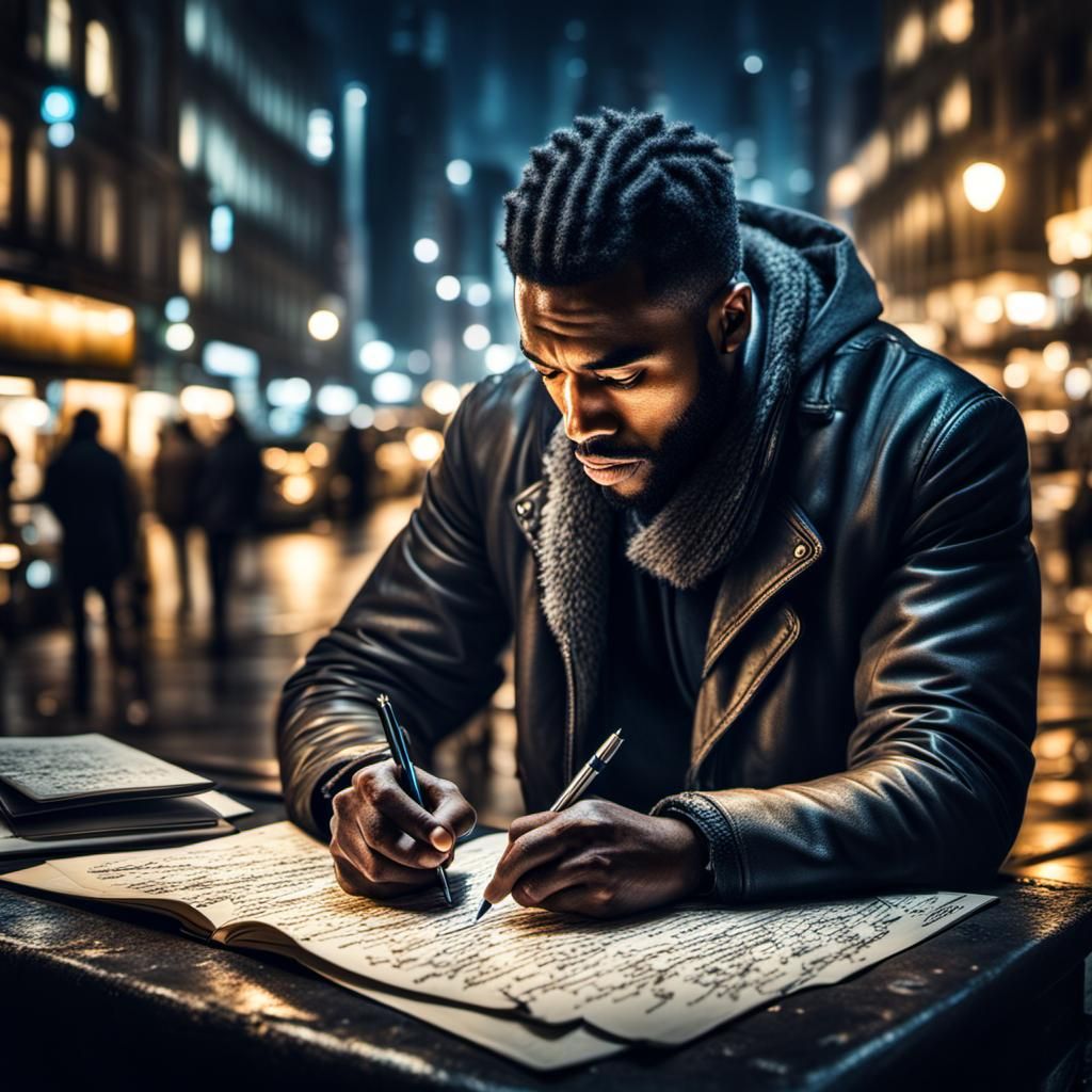 Hyperrealistic Futuristic City at Night with Poet