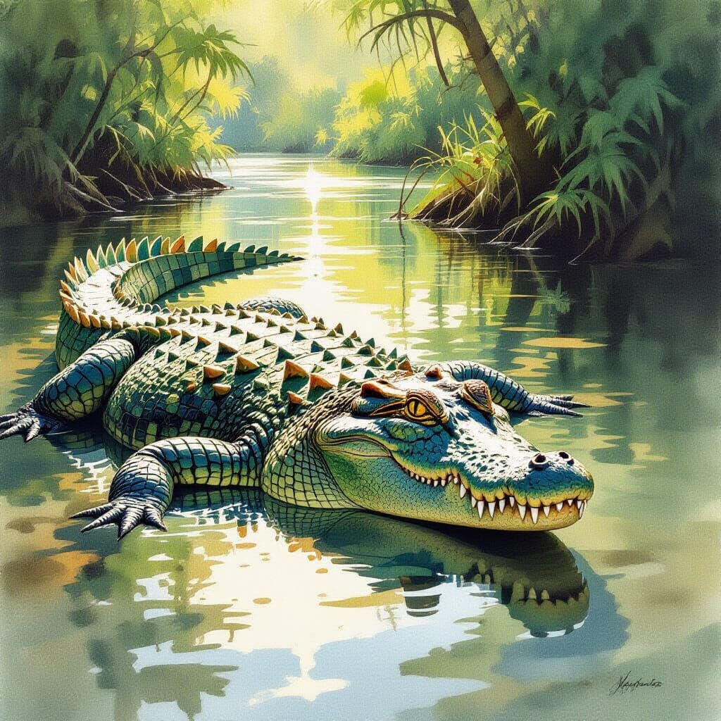 Crocodile in River, Stylized Watercolour