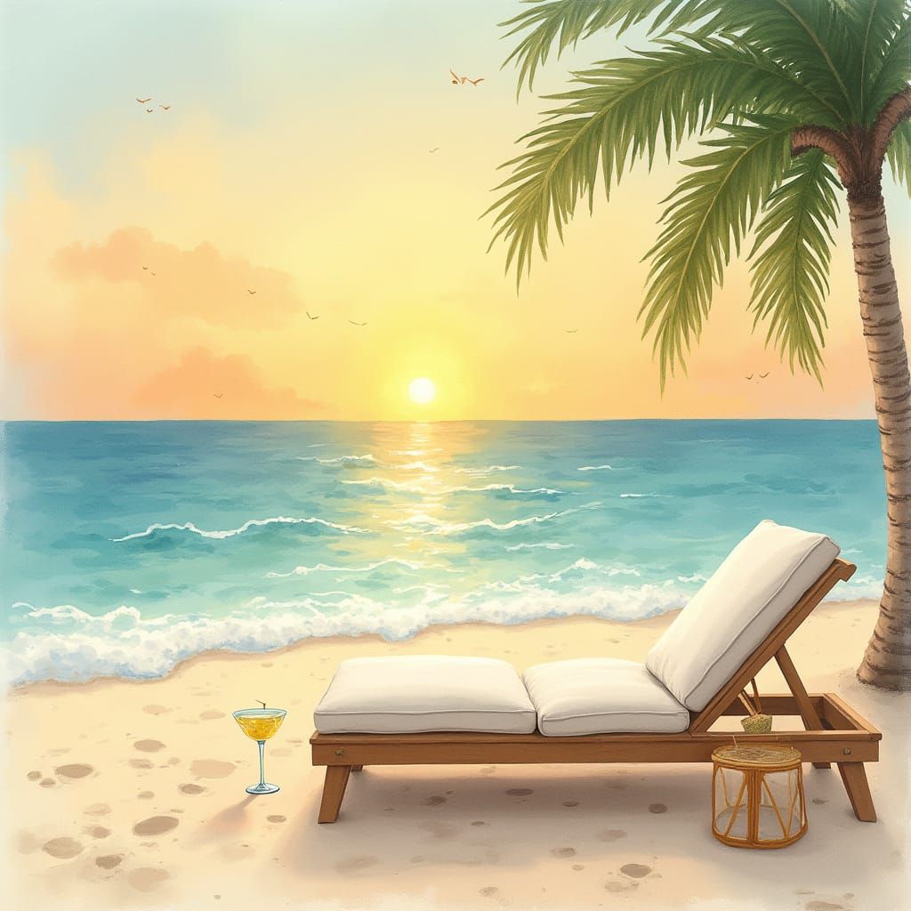 Sunset Beach Scene with Lounge Chair, Watercolor Style
