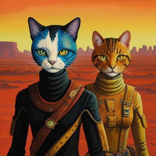 Cat People on Mars: Gouache Impressionist Painting