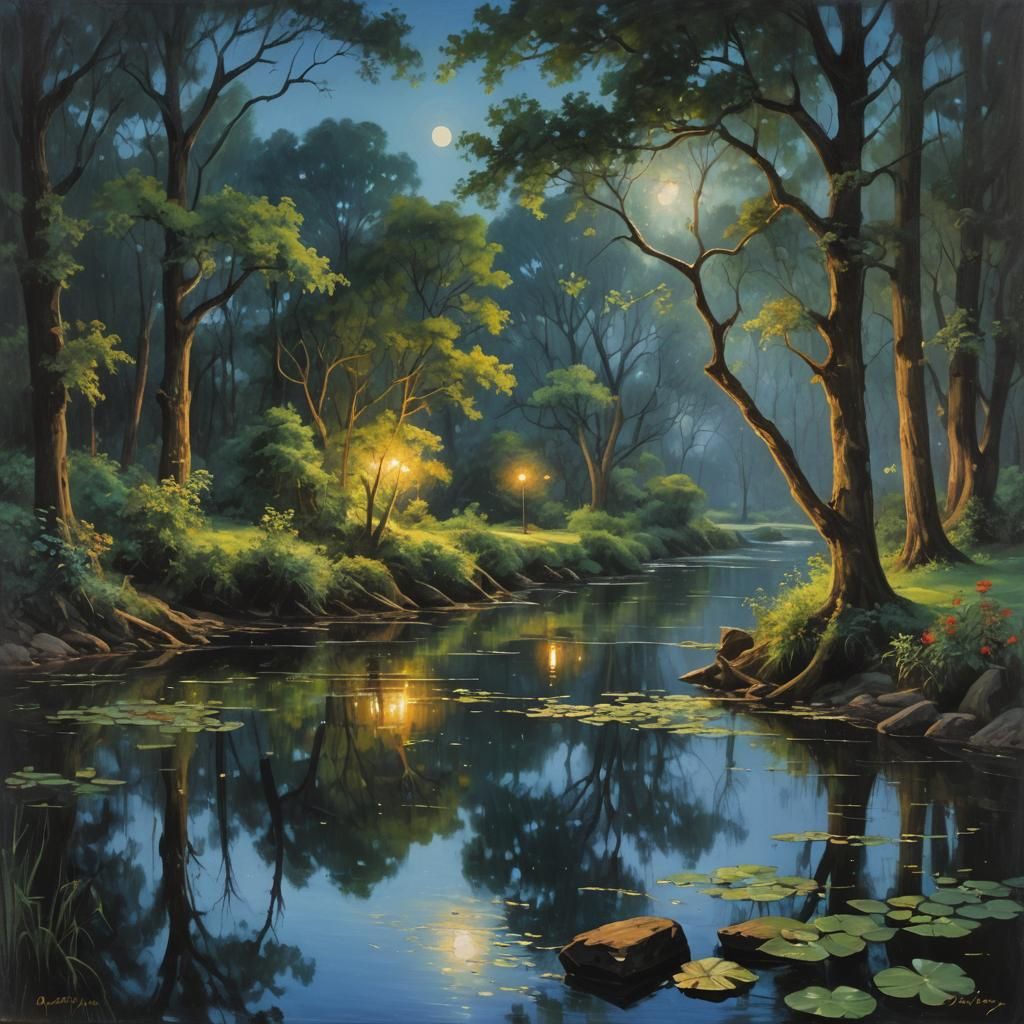 Enchanted Summer Night River Scene as Oil Painting