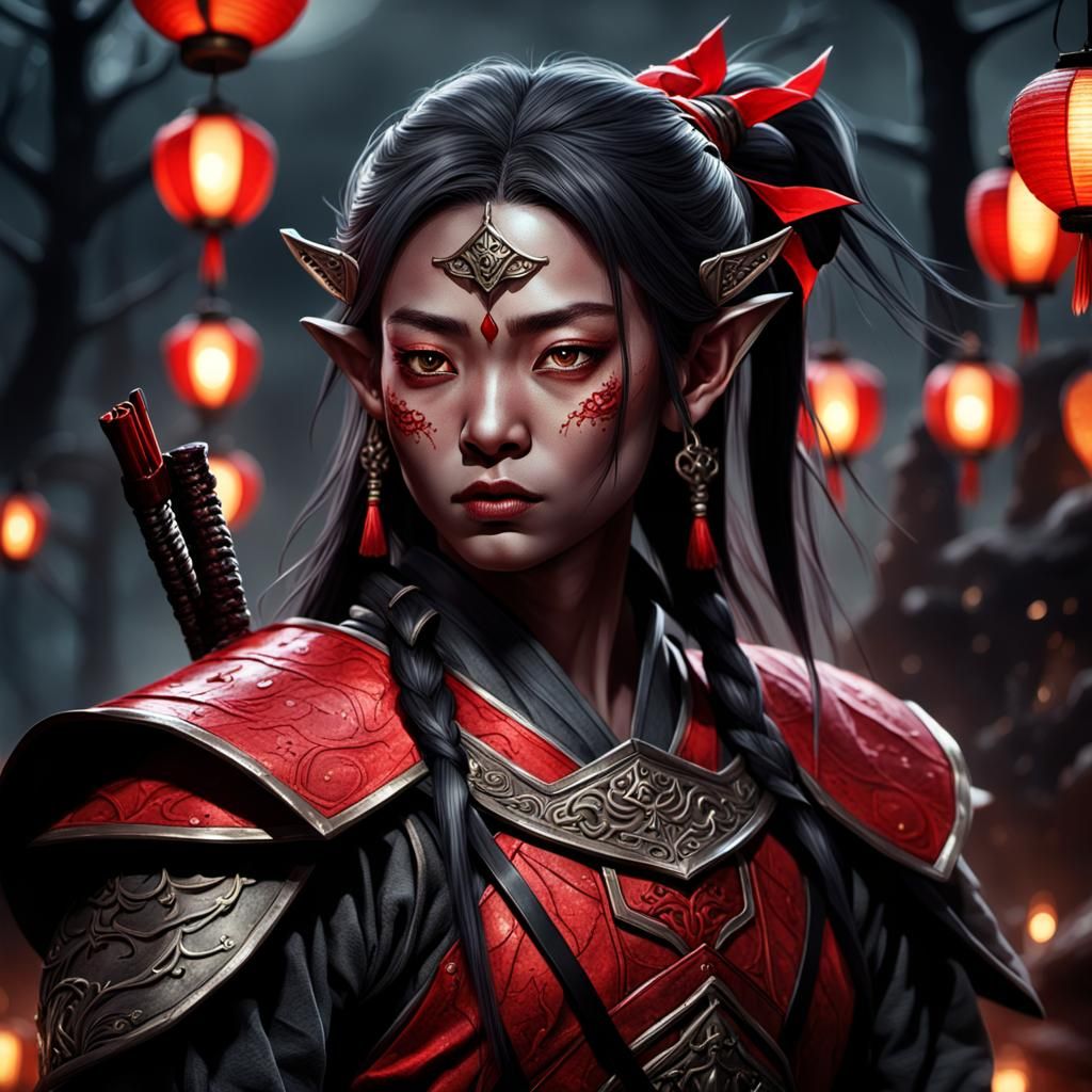 Female Elf Samurai Portrait in Dark Fantasy Style