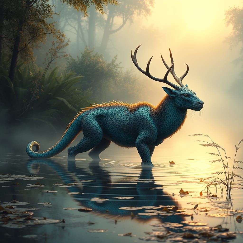Elk-jaguar-dragon hybrid wading in a serene pond at dawn, surrounded by misty foliage, wearing intricate, shimmering sca...