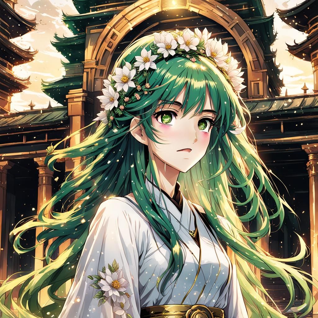 Green-Haired Woman at Temple: Cel-Shaded Anime Art