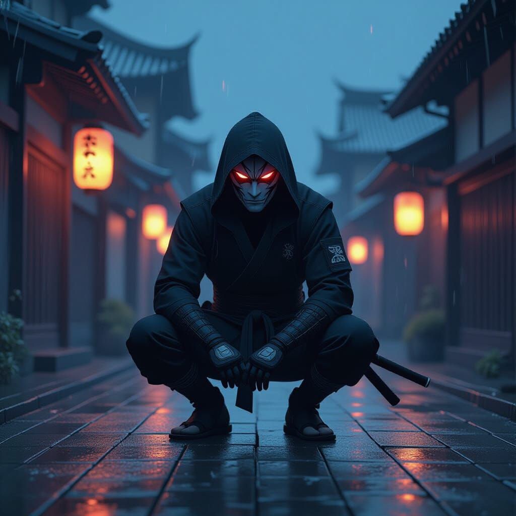 Ninja Stalks Target on Japanese Rooftops at Night