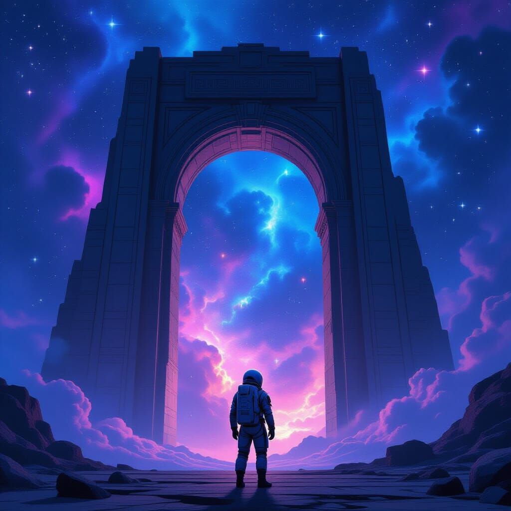 Astronaut Gazes at Cosmic Archway in Vibrant Nebula