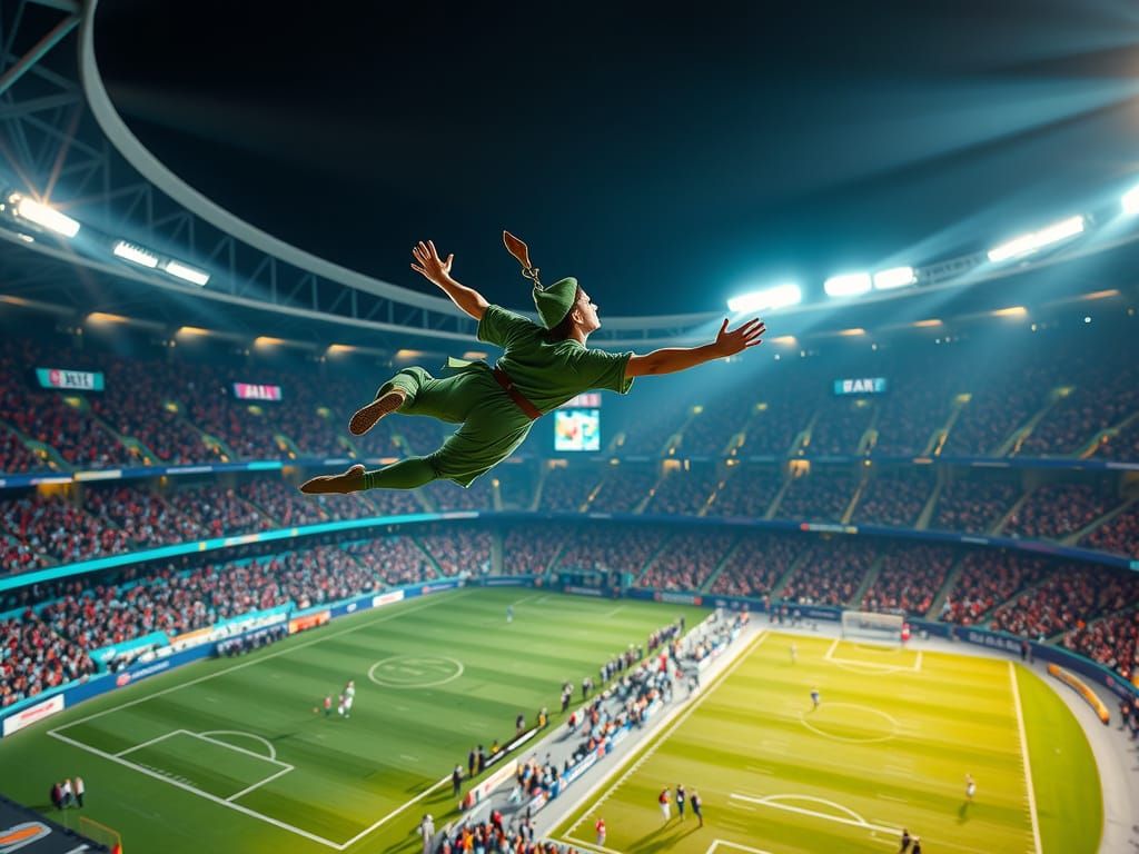 Peter Pan Soars Above Football Stadium in Vibrant Hyperreali...