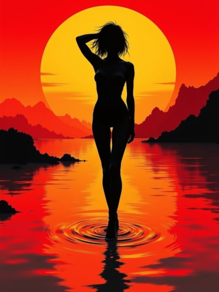 Confident Woman in Catsuit Silhouette Against Glowing Sunset