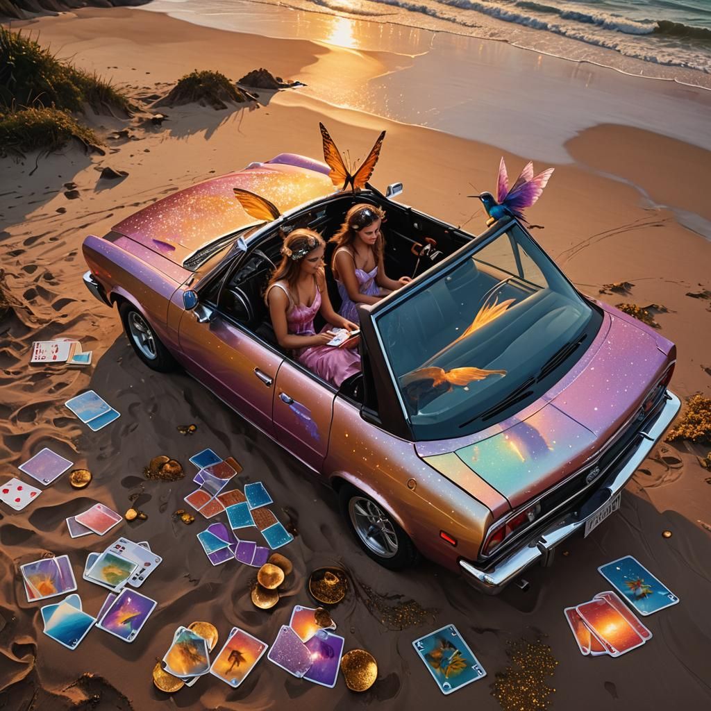 Fairies Playing Cards on Beach at Sunset in Magical Realism