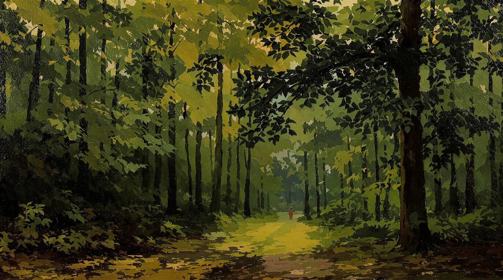 Lone Traveler on Forest Path at Dusk as Oil Painting
