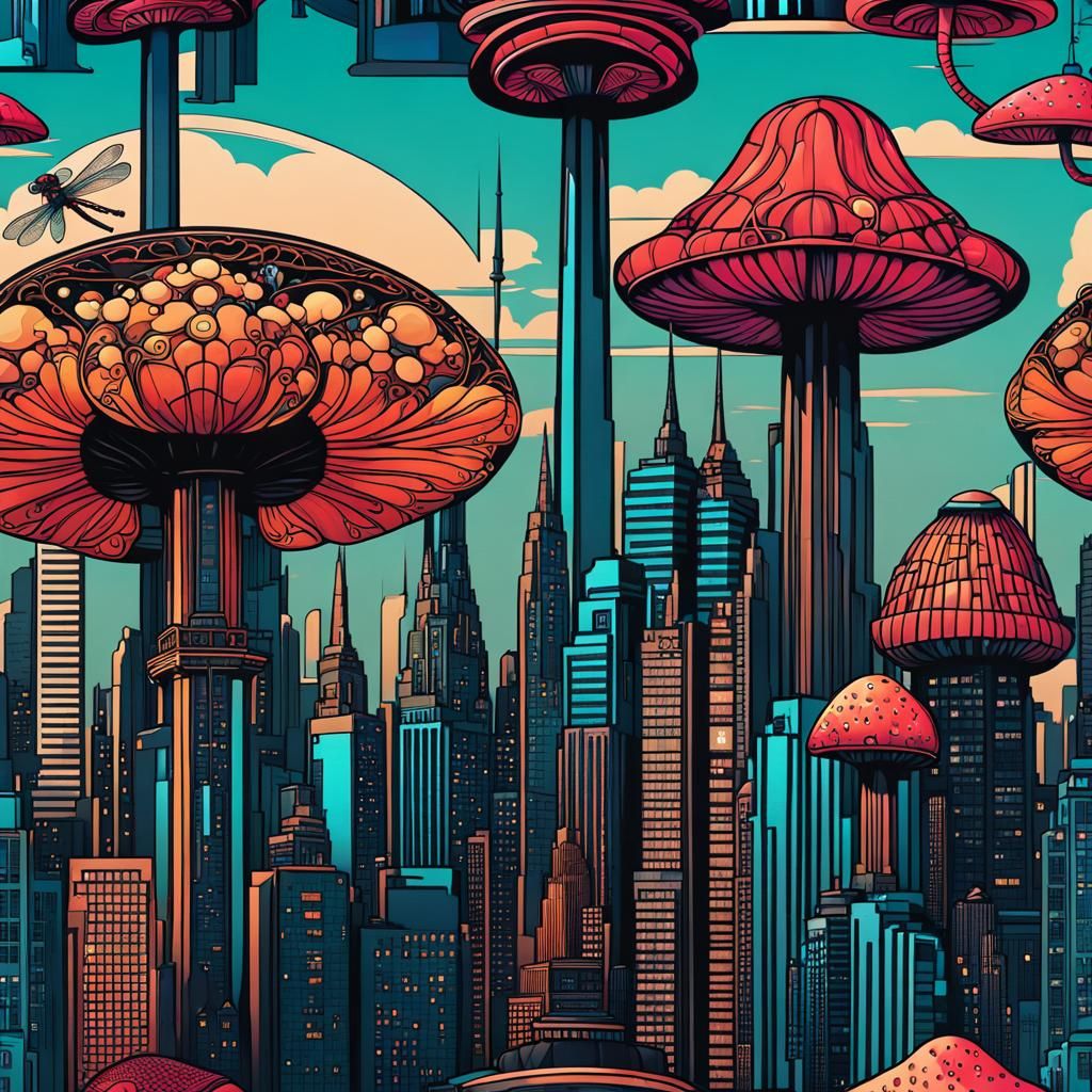 Cyberpunk Art Nouveau Cityscape with Dragonfly Architecture