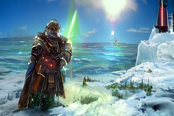 Warrior with Glowing Sword on Frozen Beach