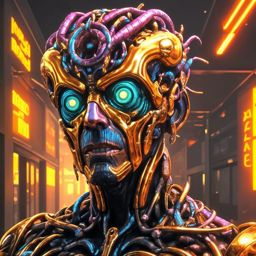 Golden Metallic Biopunk Man with Giant Brain