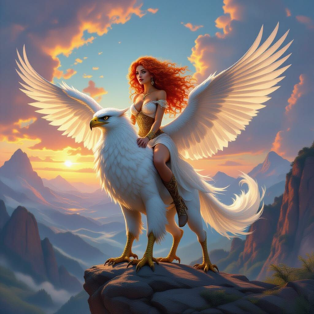 Red-Haired Woman Rides Griffin Through Elemental Landscape
