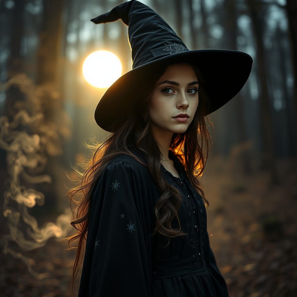 Photorealistic Witch Halloween Portrait in Moonlit Forest