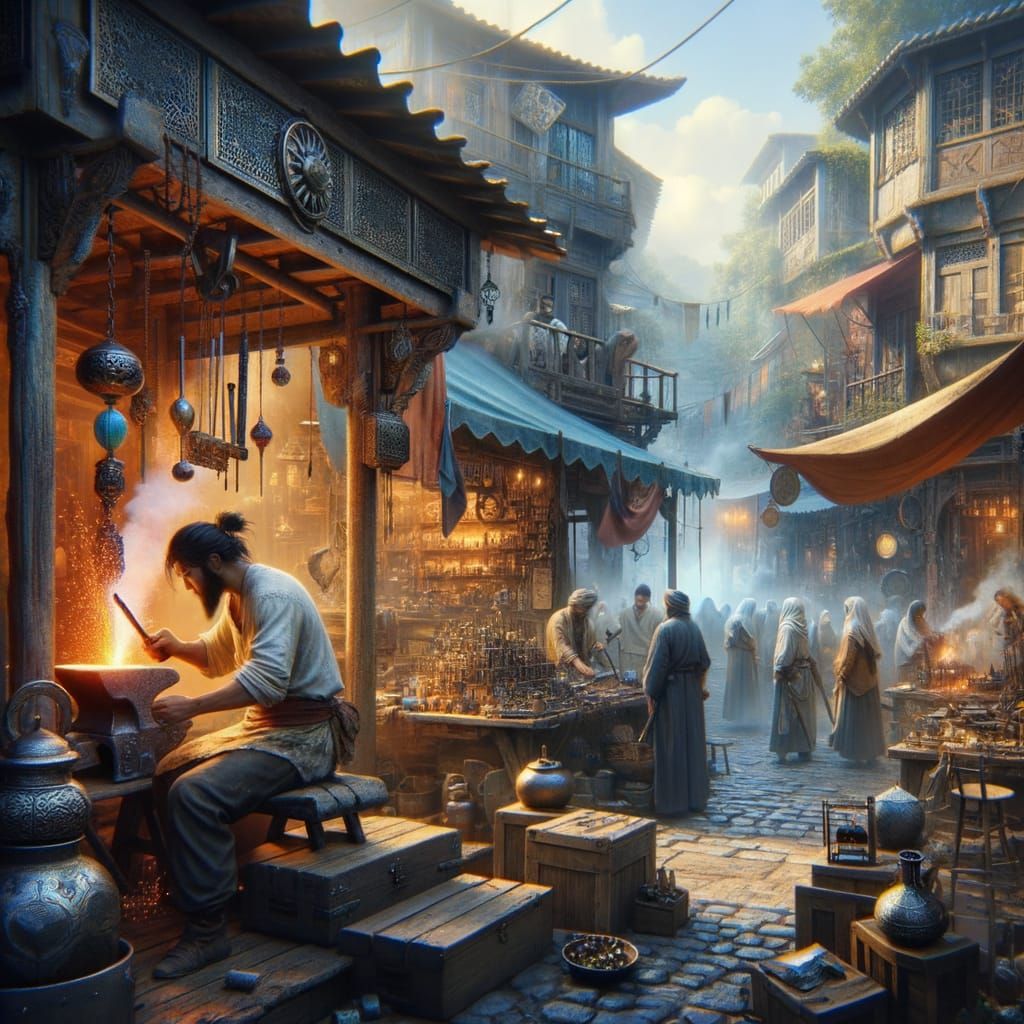 Bustling Fantasy Town Center with Blacksmith and Alchemist