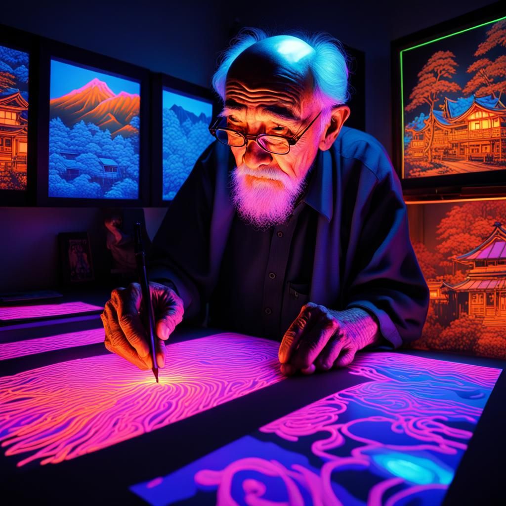 Neon Japanese Village in Blacklight Art Portrait