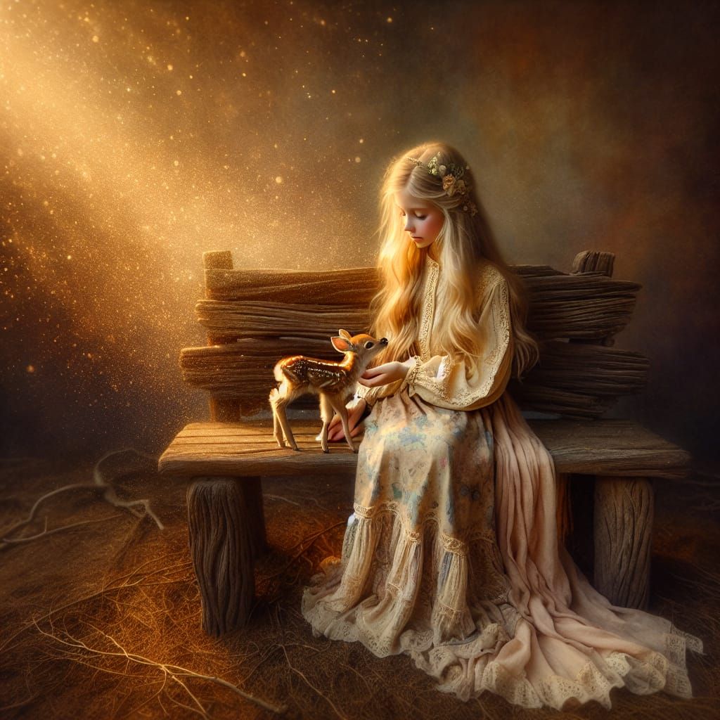 Girl Feeds Fawn in Magical Sunset: Oil Painting