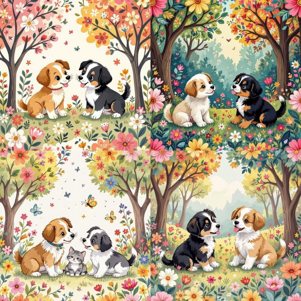 Seamless Pattern of Puppies and Kittens with Nature Elements