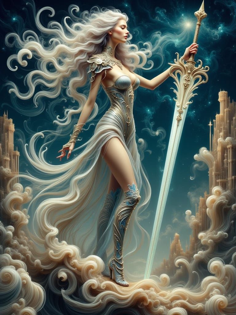 Elven Warrior in Celestial Armor on Ancient Ruins