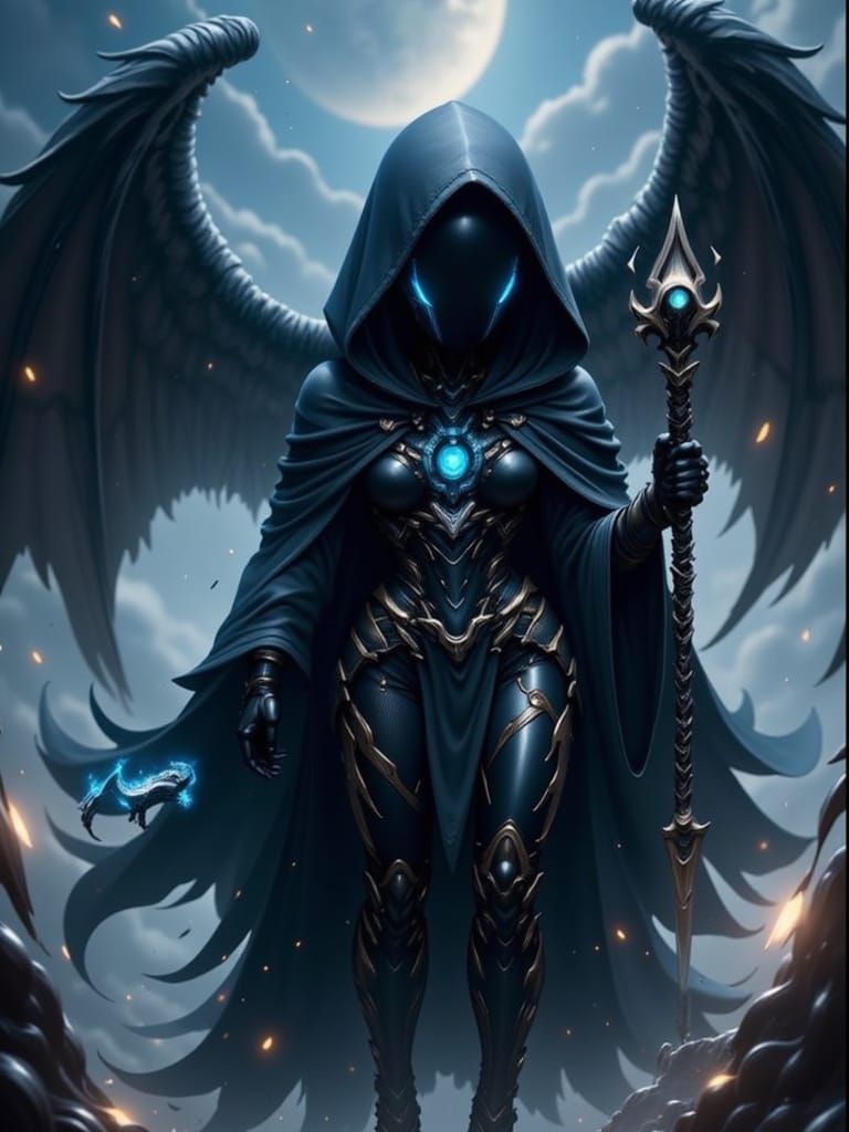 Mysterious Death Angel with Enormous Wings and Scythe in a D...