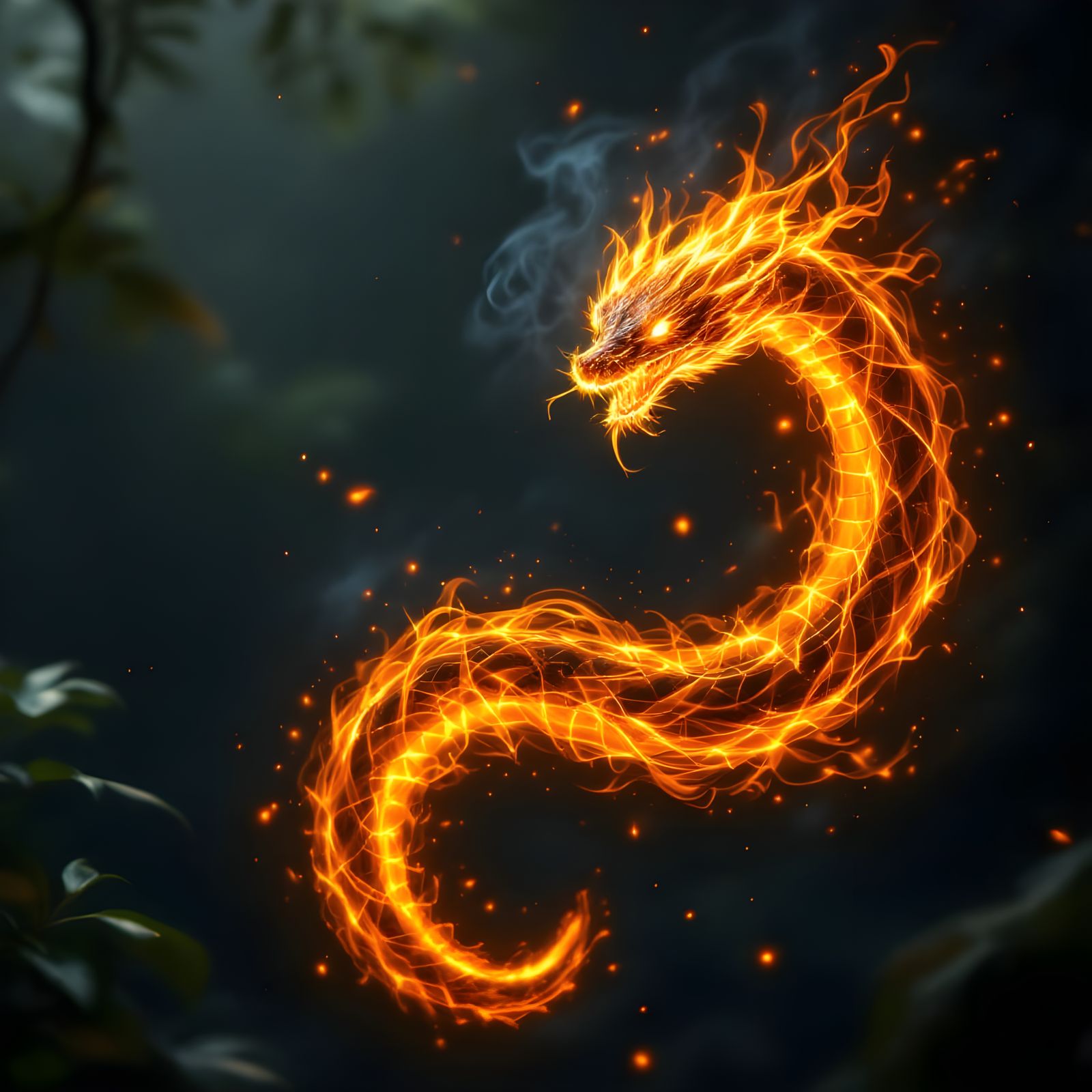 Flying Fire Serpent with Magical Aura in Jungle