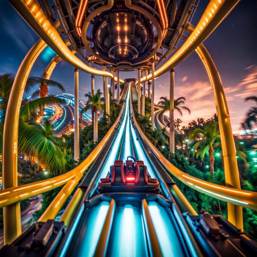 Futuristic Theme Park Roller Coaster at Night