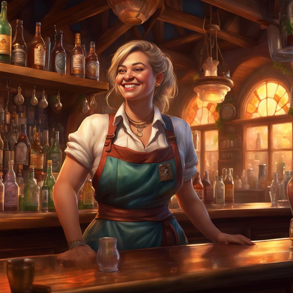 Fantasy Inn Bartender in Hyperrealistic Splash Art