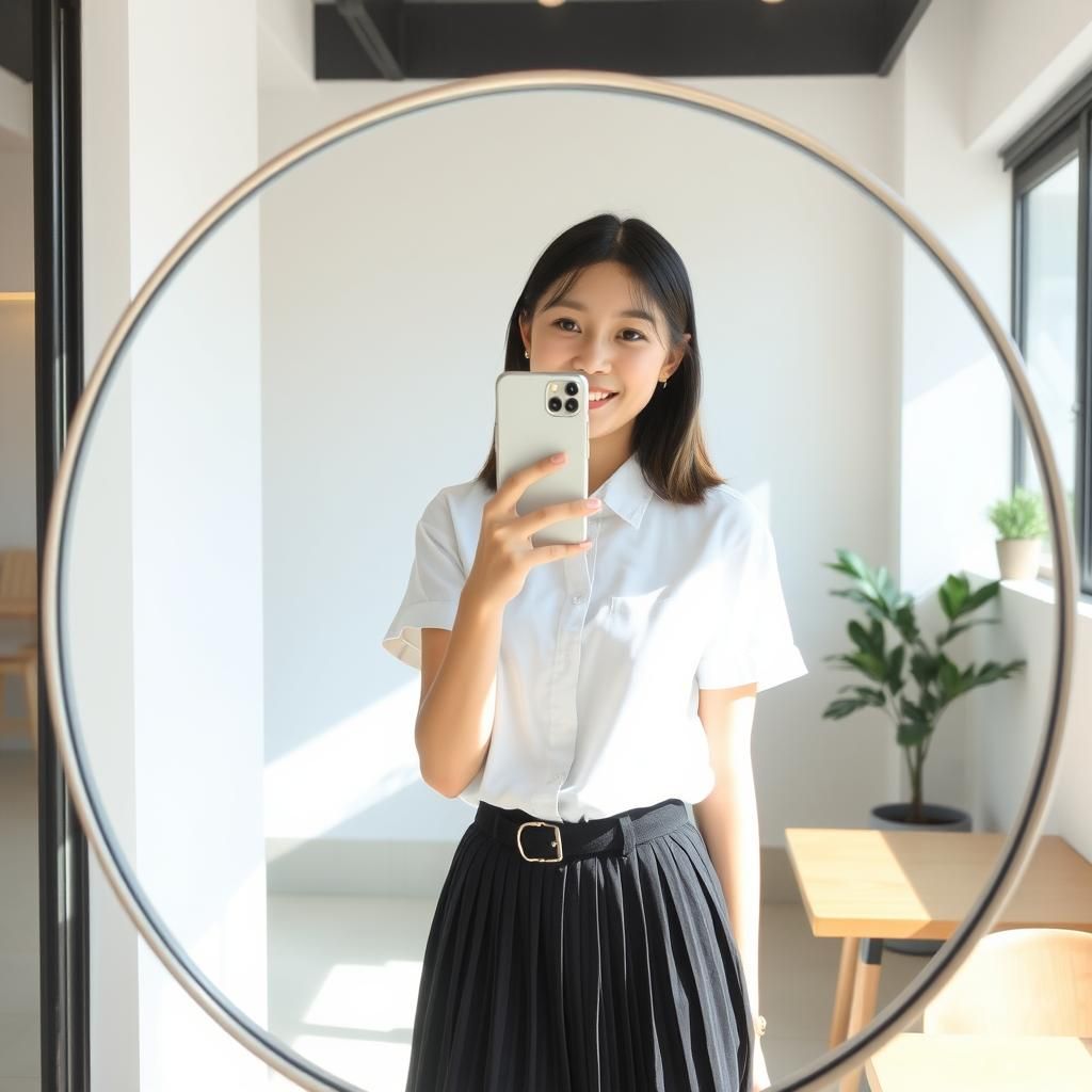 Japanese Student Selfie in Minimalist Cafe