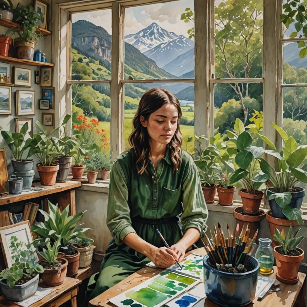 Bohemian Artist's Self-Portrait with Watercolor Effect