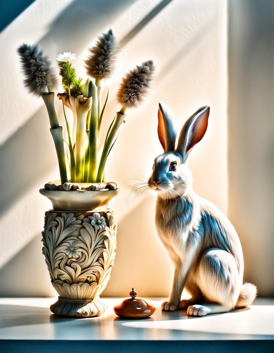 Rabbit and Cat in Sunlight: Photorealistic Animal Portrait