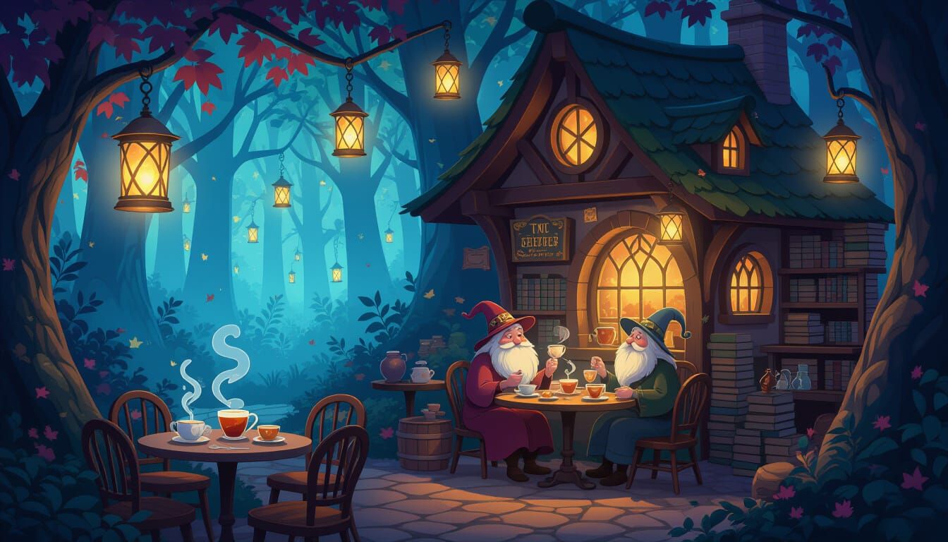 Whimsical Enchanted Forest Café with Floating Lanterns
