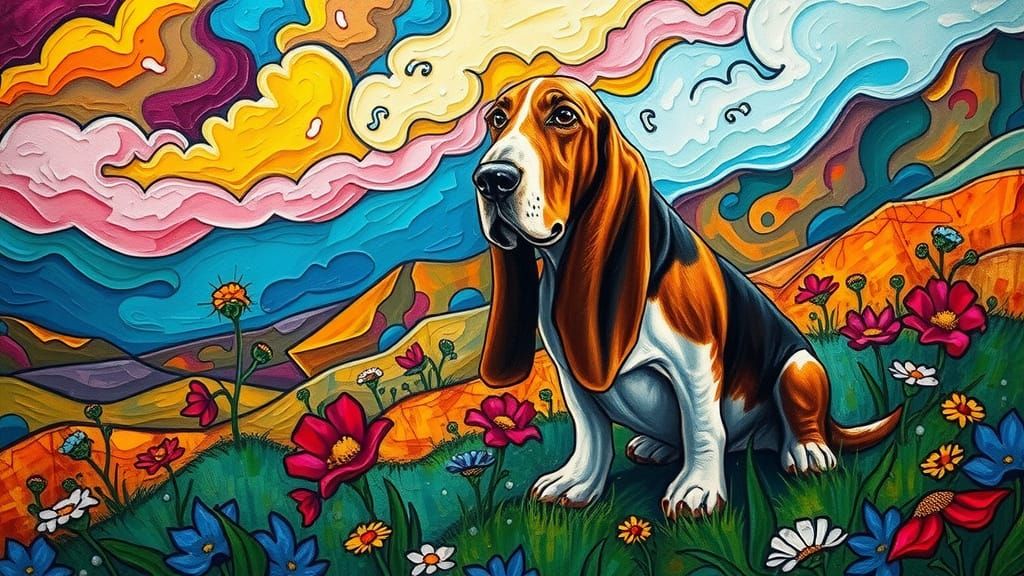 Neo-Impressionist Basset Hound in Vibrant Dreamlike Landscap...