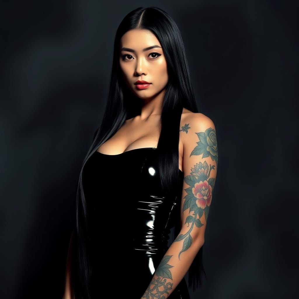 Confident Asian Woman in Latex Dress with Floral Tattoos
