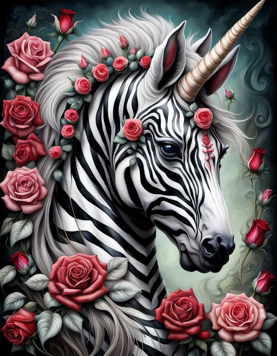 Surreal Zebra Unicorn with Roses in Gothic Art Style