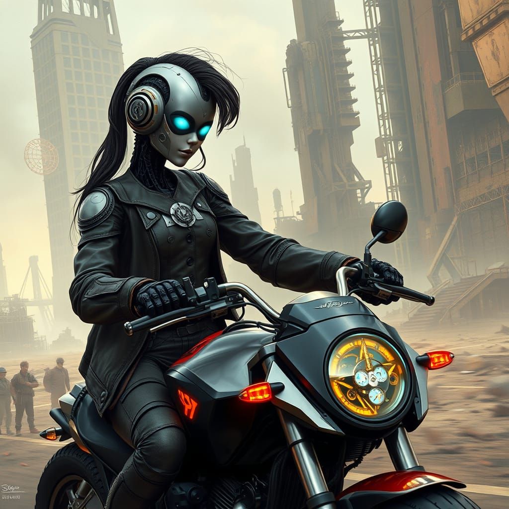 Cyberpunk Droid Biker in Ruined Cityscape