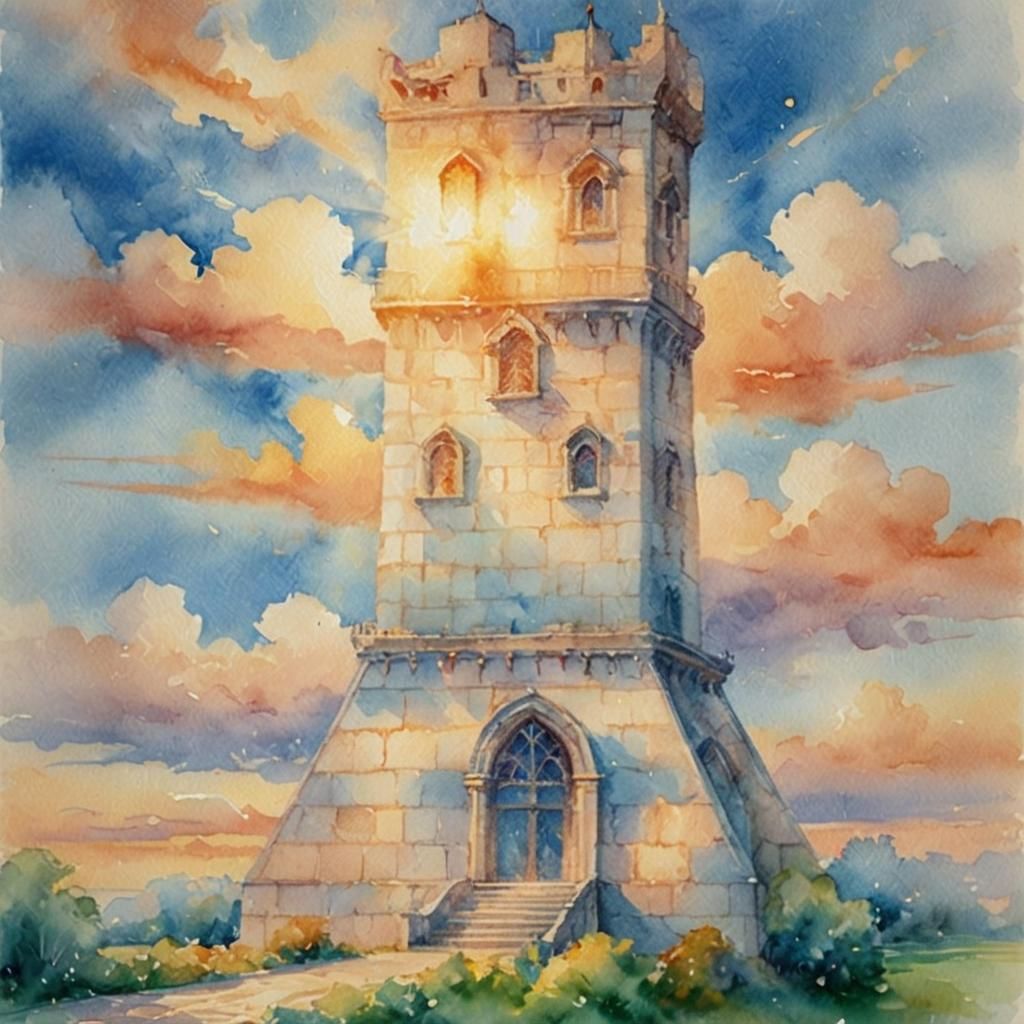 Ethereal Tower with Flame in Watercolor Style