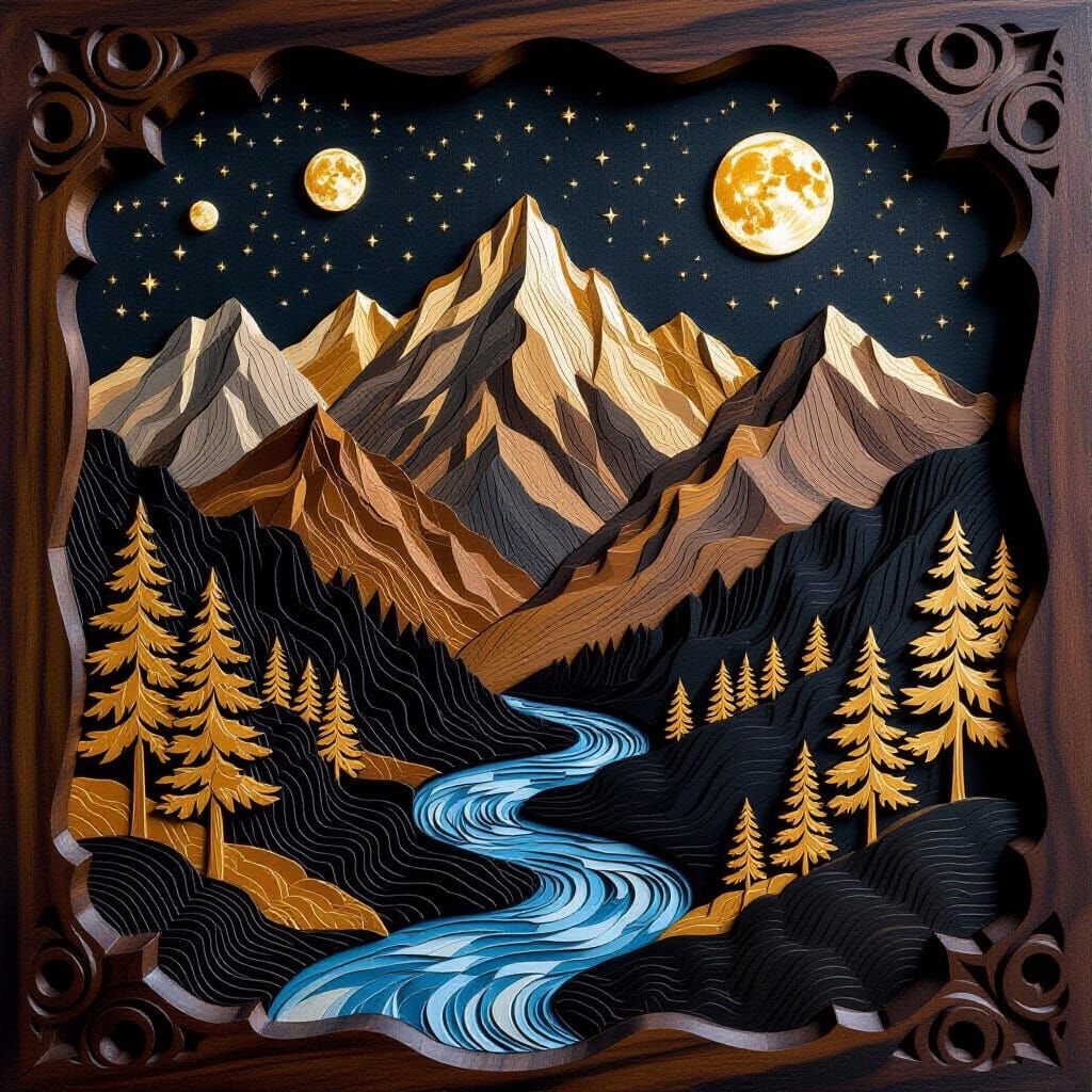 Wood Carving Puzzle of Starry Night Mountain Landscape