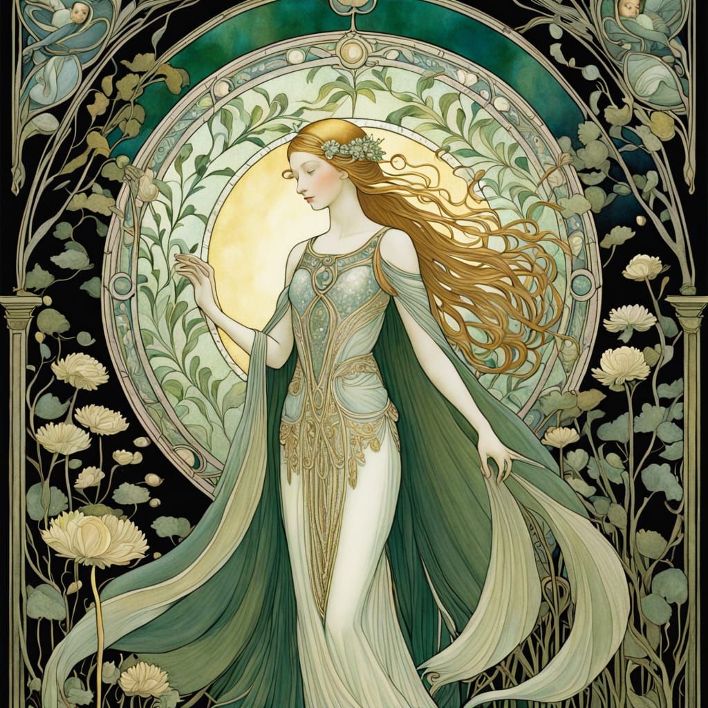 Ethereal Goddess Amidst Whimsical Art Nouveau