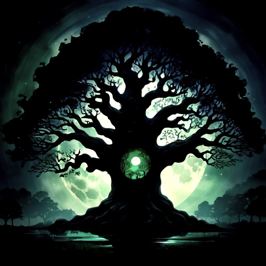 Moonlit Oak Tree Silhouette in Mystical Hues