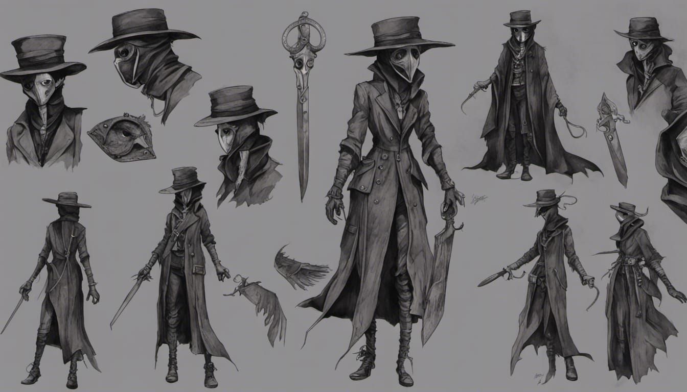 Female Plague Doctor Character Sheet in Steampunk Style