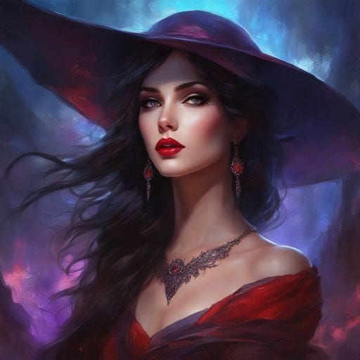 Beautiful Dark-Haired Witch with Red Lips in Splash Art