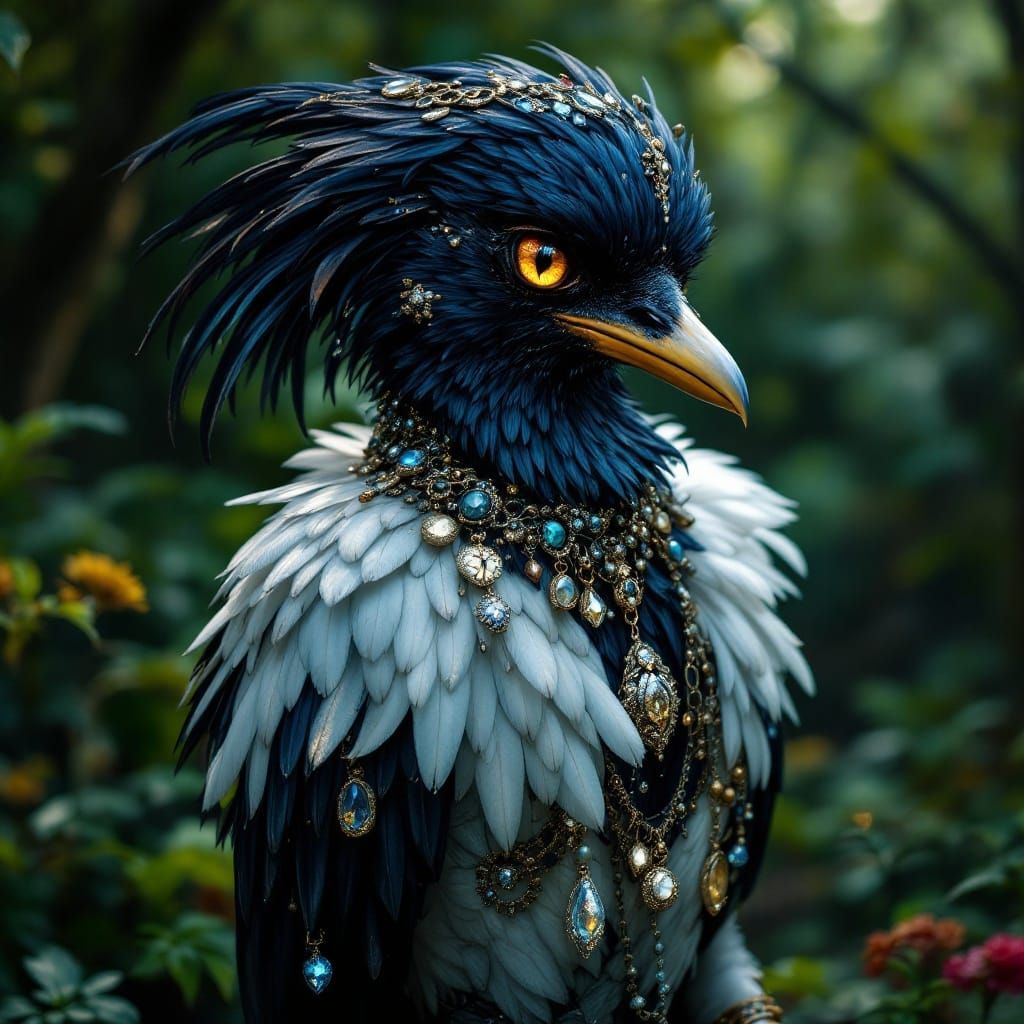 Anthropomorphic Magpie Forest Spirit With Glittering Jewelry