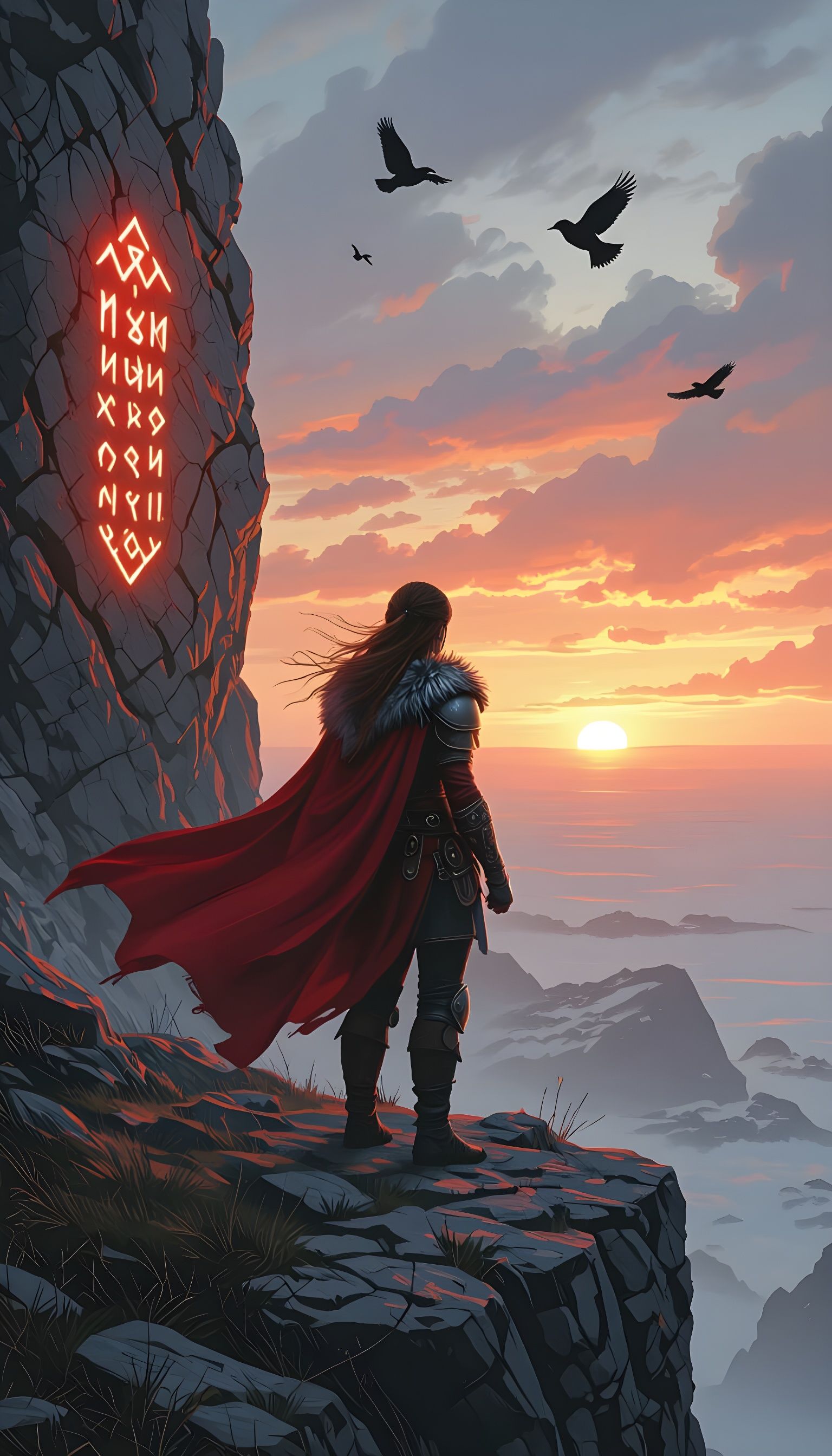 Viking Woman with Runes in Stormy Fantasy Landscape