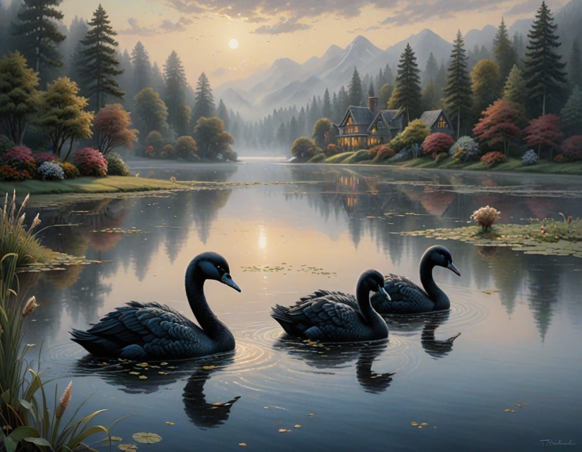 Hyper-Realistic Black Cygnets Emerge from Ethereal Mist
