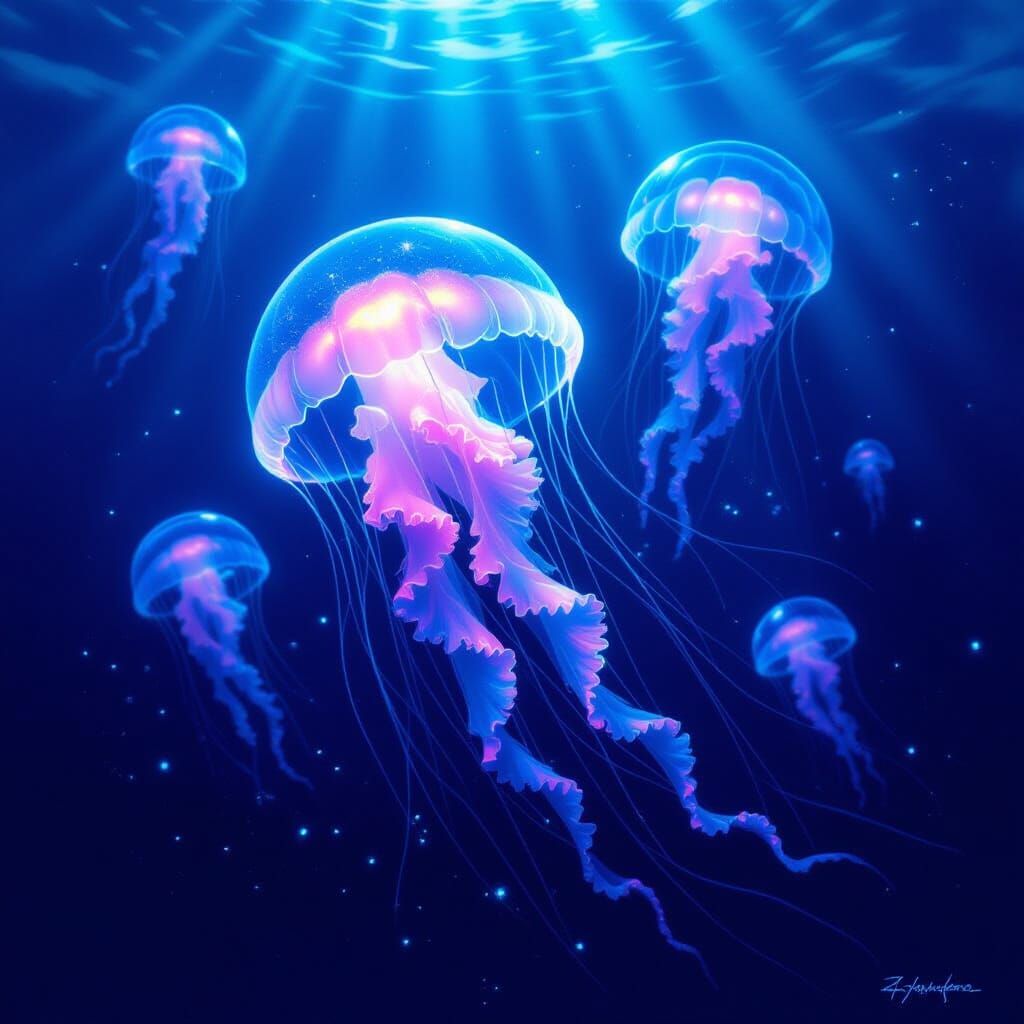 Ethereal Bioluminescent Jellyfish in Deep Ocean