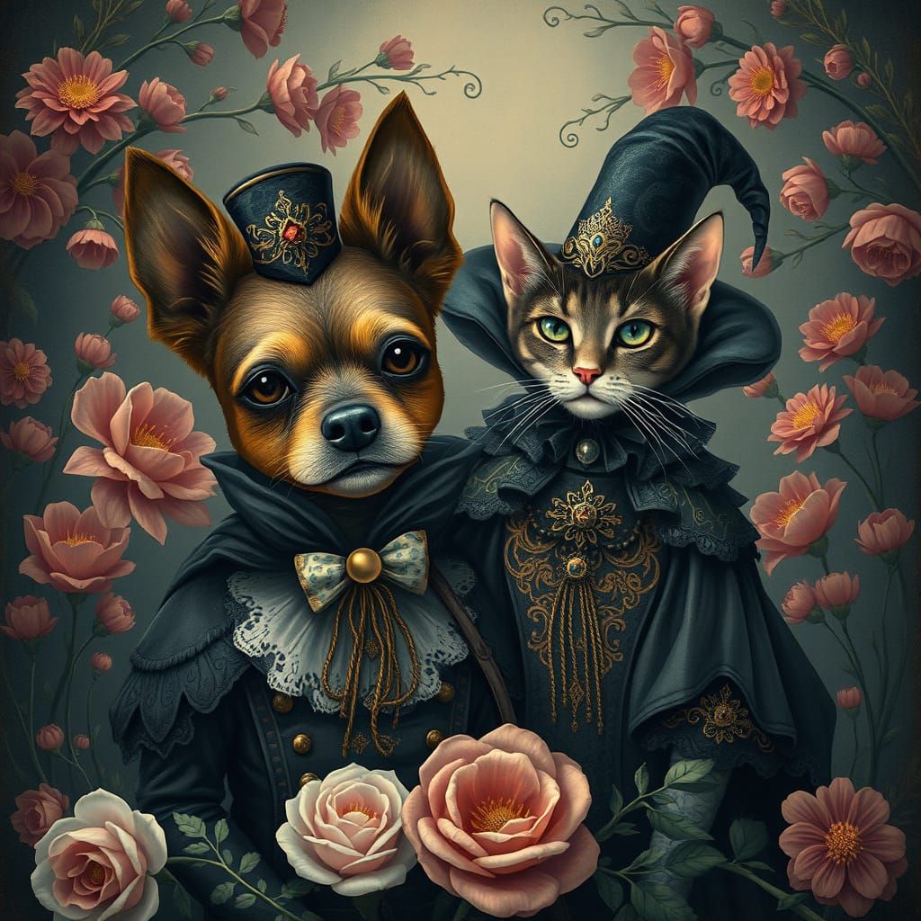 Gothic Dog and Cat in Romantic Whimsical Style