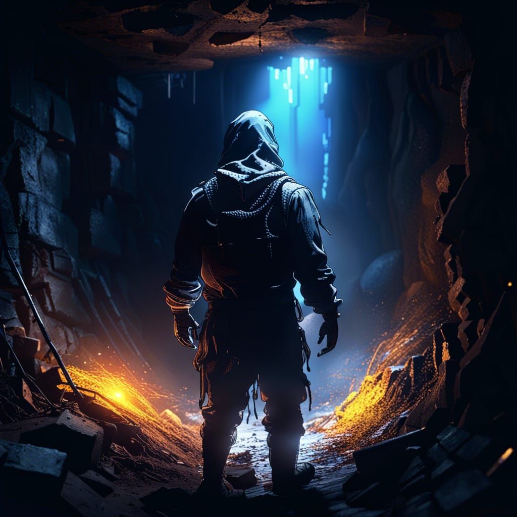 Ghostly Figure in Abandoned Mine: Hyperrealistic Concept Art
